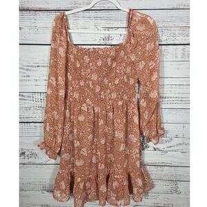 As U Wish Women's Floral Mini Dress Long Sleeve Smocked Cottagecore Size L